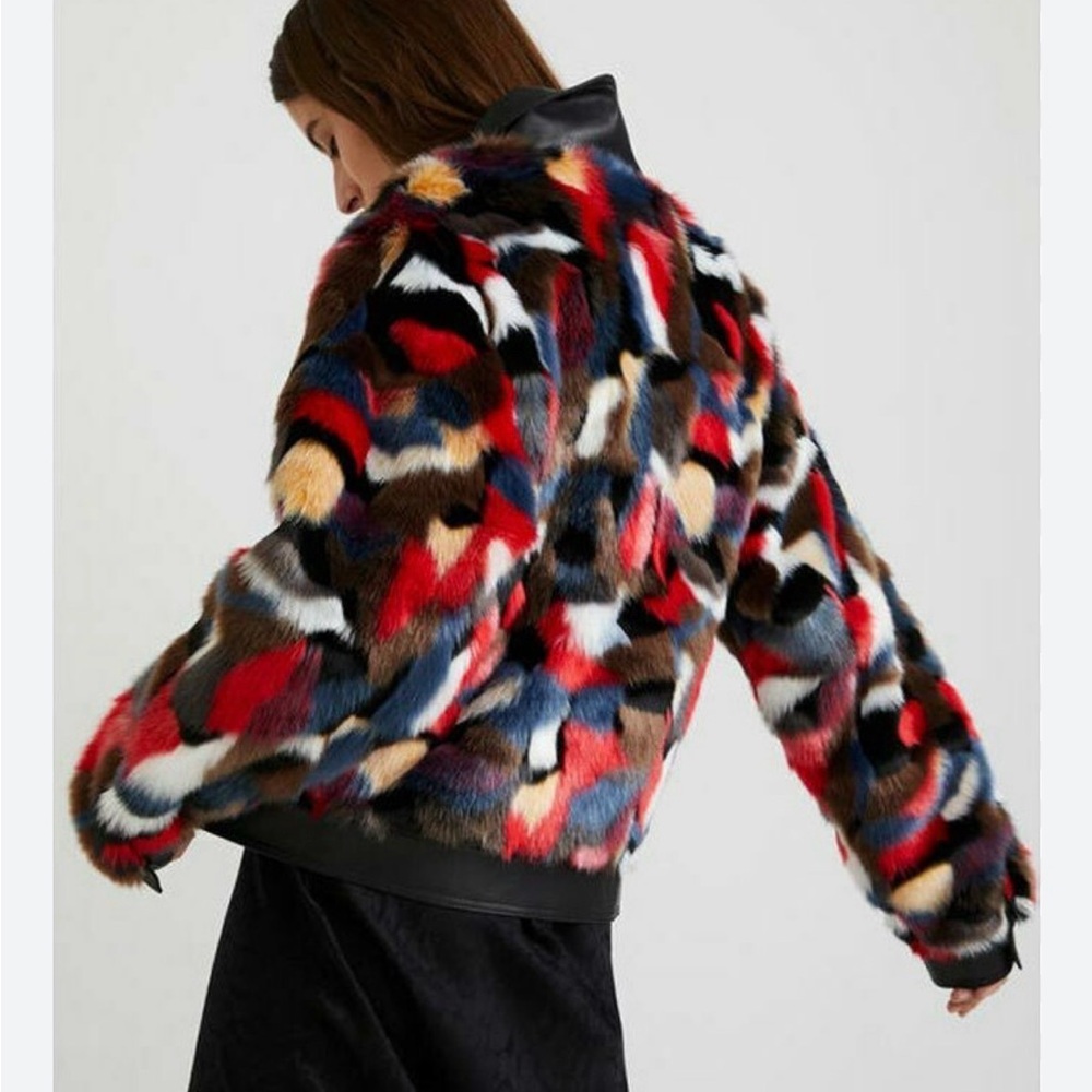 Desigual Multicolor Faux-Fur Jacket with Leather Trim - Picture 4 of 5